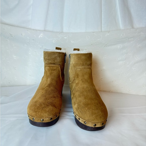 Cute Madewell Caramel Tan Leather Shearling Lined wooden block heel ankle boots - Picture 2 of 8